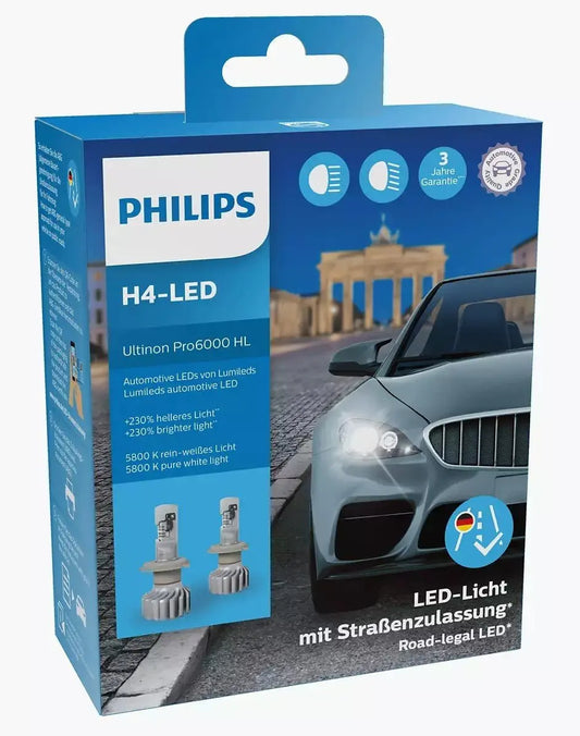 H4 12V 18W P43t Ultinon Pro6000 LED 5800K mit Straßenzulassung 2St. Philips - Samsuns Group